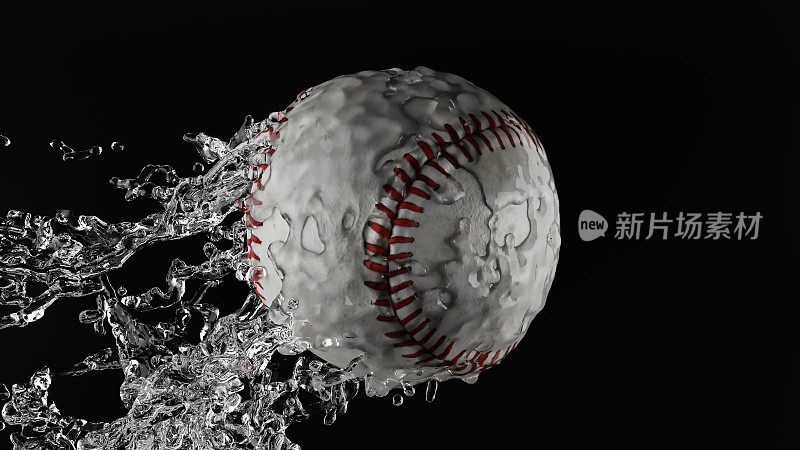 baseball ball Splashing, black background, wrapped in and water, Splash and water drops rotate, 3d render